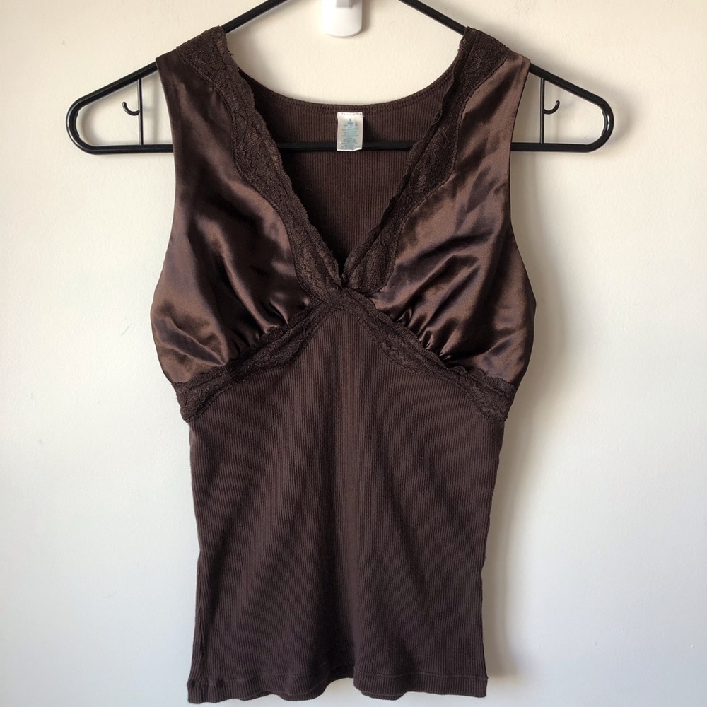 Y2K sleeveless babydoll top lace trim, ribbed body. Chocolate brown Size S